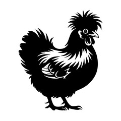 Black and white vector silhouette of a fluffy chicken with distinct feathers and crest, ideal for farm or poultry designs.