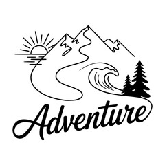 Vector illustration featuring mountains, a wave, sun, and trees with bold cursive text reading &ldquo;Adventure.&rdquo;