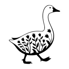 Black and white vector illustration of a goose in profile view, featuring decorative tulip flowers integrated into its body.