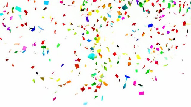 Colorful confetti and festive party streamers create a vibrant pattern on a white background, perfect for any birthday or holiday celebration design