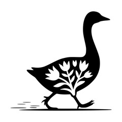 Stylized black silhouette of a walking goose featuring a decorative floral tulip pattern inside its body for artistic effect.