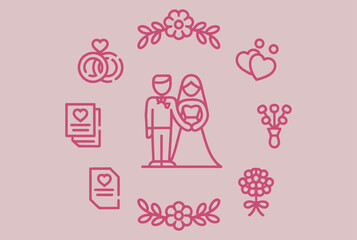 Hand Drawn Marriage Icon Set Featuring Wedding Elements Including Bride, Love, Celebration, and Timeline Menu in Artistic Vector Style for Invitations, Greeting Cards, and Posters