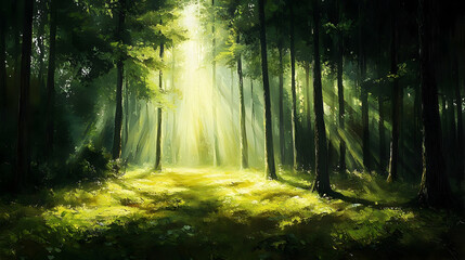 Fototapeta premium Sunbeams illuminating a lush green forest.