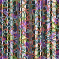 Abstract pattern with colorful stripes and animalistic stylized print with twill weave texture. 
