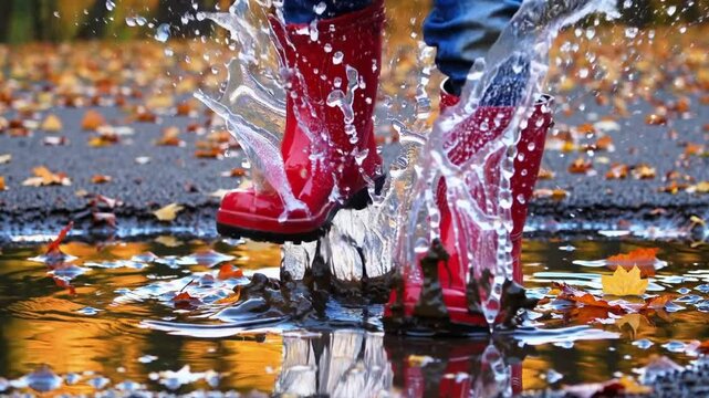 Child wearing red rain boots jumping into a puddle. Close up. Toddler child having fun in autumn jumps in puddle. Close up on boots autumn nature