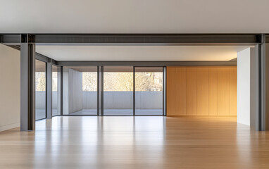 Obraz premium Modern interior space with large windows and minimalist design in natural light