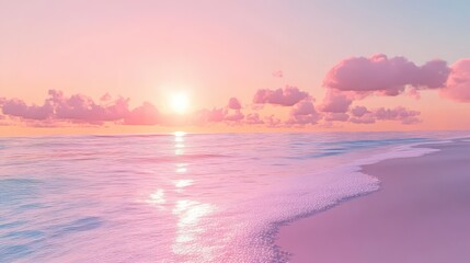 Obraz premium A serene beach scene at sunset with pink hues reflecting on the water and fluffy clouds above