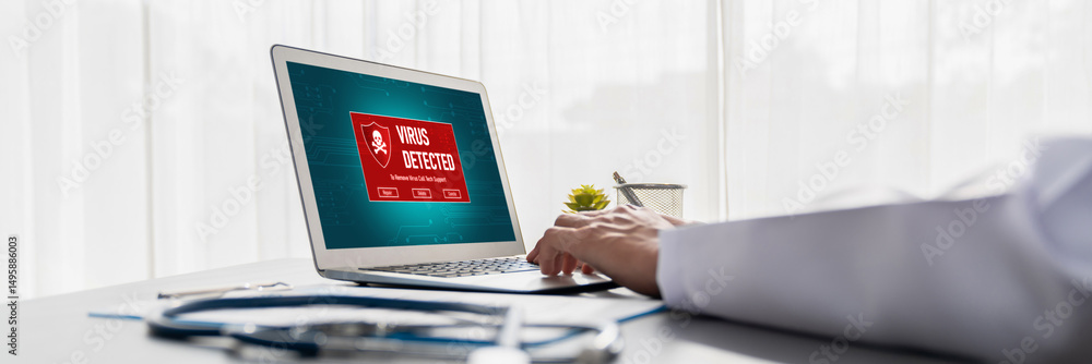 Poster virus warning alert on computer screen detected brisk cyber threat , hacker, computer virus and malw
