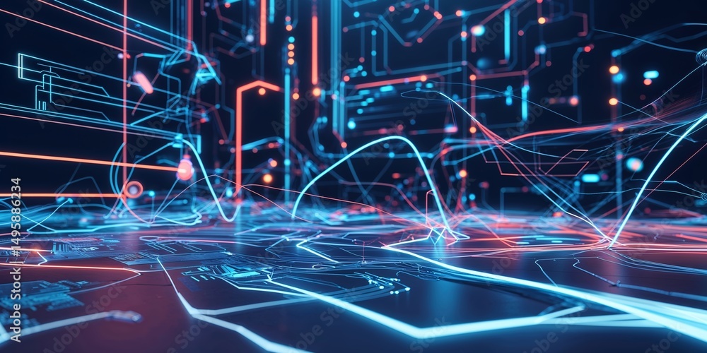 Poster futuristic digital landscape with glowing circuits and intricate patterns showcasing technological i