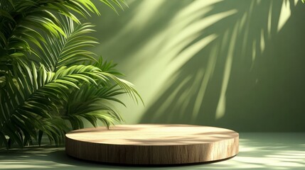 Obraz premium A light wooden round platform is surrounded by tropical palm leaves indoors