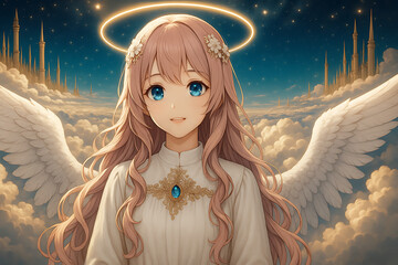Ethereal anime angel with flowing rose-gold hair, sapphire eyes, and golden halo, gracefully floating above ornate spired cityscapes in a celestial sea of clouds&mdash;perfect for heavenly fantasy stock