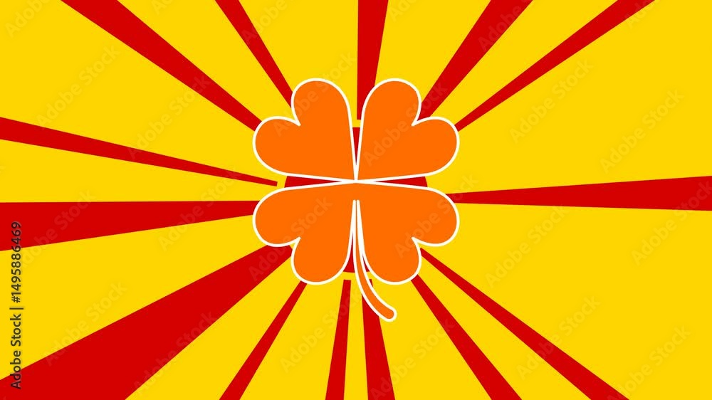 Aufkleber four-leaf clover symbol on the background of animation from moving rays of the sun. large orange sym