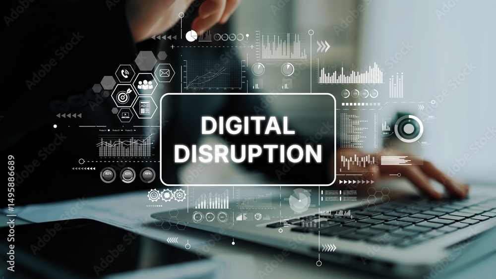 Poster digital disruption concept with abstract technology graphics and businessman working on laptop. asym