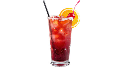 Refreshing cocktail served in a tall glass with ice, garnished with cherry and orange, on a bright background