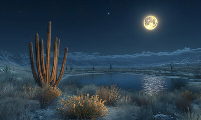 Night landscape with full moon over a tranquil lake, desert flora and distant hills