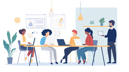 Diverse team collaborates in modern office