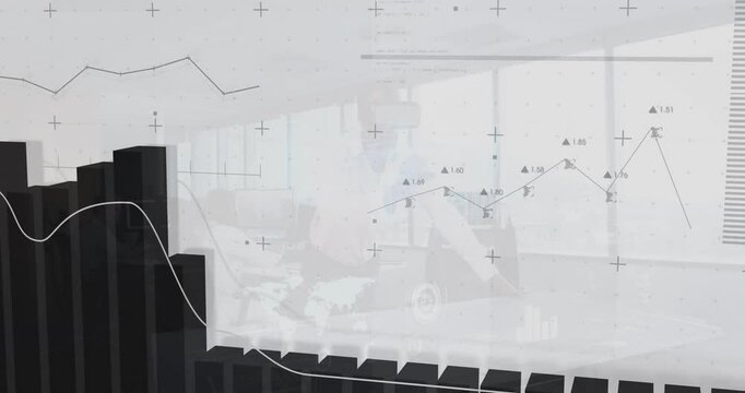 Man jogging treadmill in gym, generating rising then dropping 3D bars line plot tracking speed