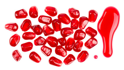 Pomegranate Seeds with Dripping Juice on White Background