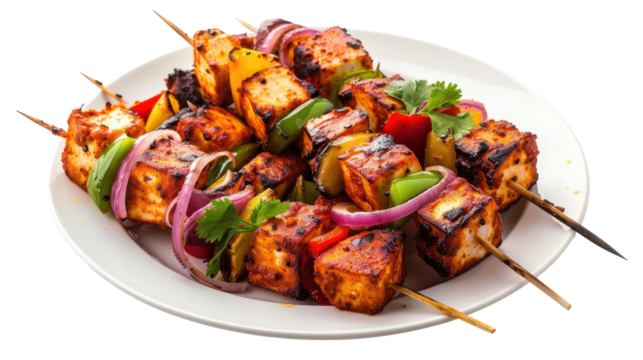 Grilled vegetable and paneer skewers served on a white plate with vibrant colors