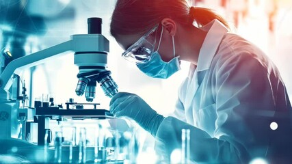 Woman scientist working with microscope examining laboratory sample for research and development in medical and science industry footage. - Powered by Adobe