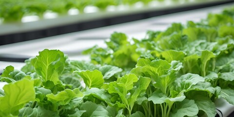 Hydroponic Farming: Lush, vibrant rows of hydroponically-grown lettuce thrive in a controlled environment, symbolizing sustainable agriculture and the future of food production.