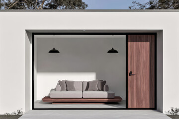 Modern minimalist interior design of a cozy living room with large glass walls