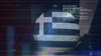 On graphs pulsing Greek flag soccer ball getting kicked right, showing sports analytics integration - Powered by Adobe