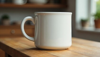 Fototapeta premium Large ceramic mug, thick handle, pristine white, home decor, drink, stoneware