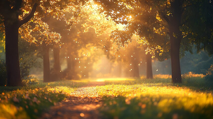 Obraz premium Golden sunlight filters through a park path lined with trees.