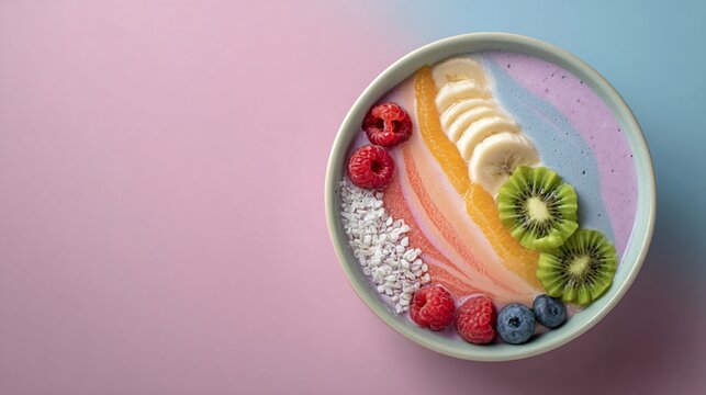 Pastel background with rainbow smoothie bowl drink, isolated and balanced composition