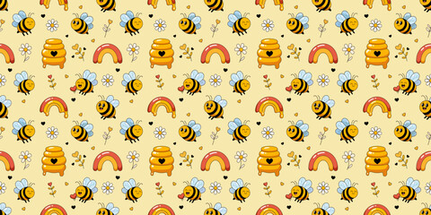 Cute seamless pattern with smiling bees, honeycombs, rainbows, and flowers on a soft yellow background. Perfect for kids, fabric, wallpaper, and spring-themed designs.