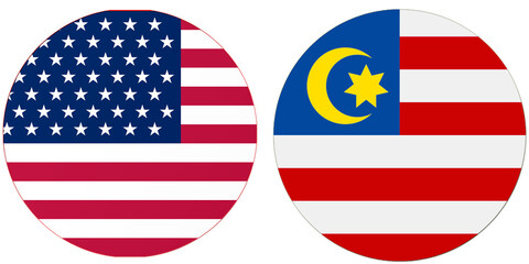 America USA Official flag with Malaysia national flag, both countries flags are in Round shape and isolated on white background, Circular colorful design Flag with together.