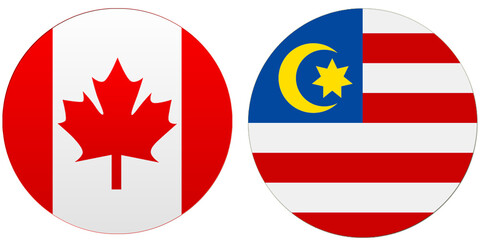 Fototapeta premium Canada Official flag with Malaysia national flag, both countries flags are in Round shape and isolated on white background, Circular colorful design Flag with together.