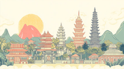 Hand drawn Indonesian landmarks illustration