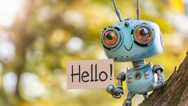 Cute robot holding hello sign outdoors on a sunny day.