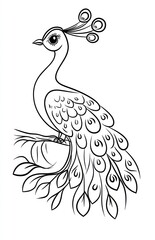 Fototapeta premium Cute peacock, stylized line art, coloring book image, possible use for children's educational materials