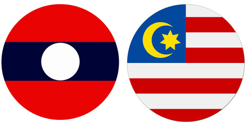Fototapeta premium Laos Official flag with Malaysia national flag, both countries flags are in Round shape and isolated on white background, Circular colorful design Flag with together.