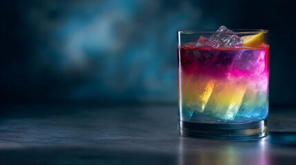 Rainbow tonic cocktail with neon accents, dark minimalist background, modern bar setting