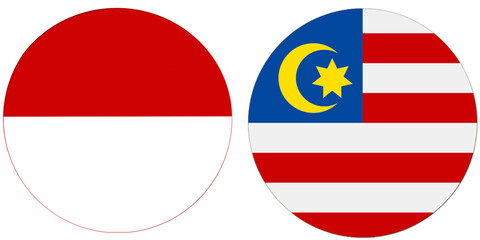 Indonesia Official flag with Malaysia national flag, both countries flags are in Round shape and isolated on white background, Circular colorful design Flag with together.