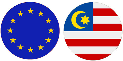 Europe Official flag with Malaysia national flag, both countries flags are in Round shape and isolated on white background, Circular colorful design Flag with together.