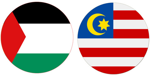 Palestine Official flag with Malaysia national flag, both countries flags are in Round shape and isolated on white background, Circular colorful design Flag with together.