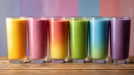 Row of gradient rainbow smoothies in tall glasses, clean wooden surface, pastel decor