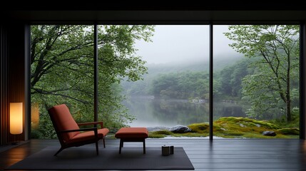 Tranquil modern room with a view of misty forest and lake