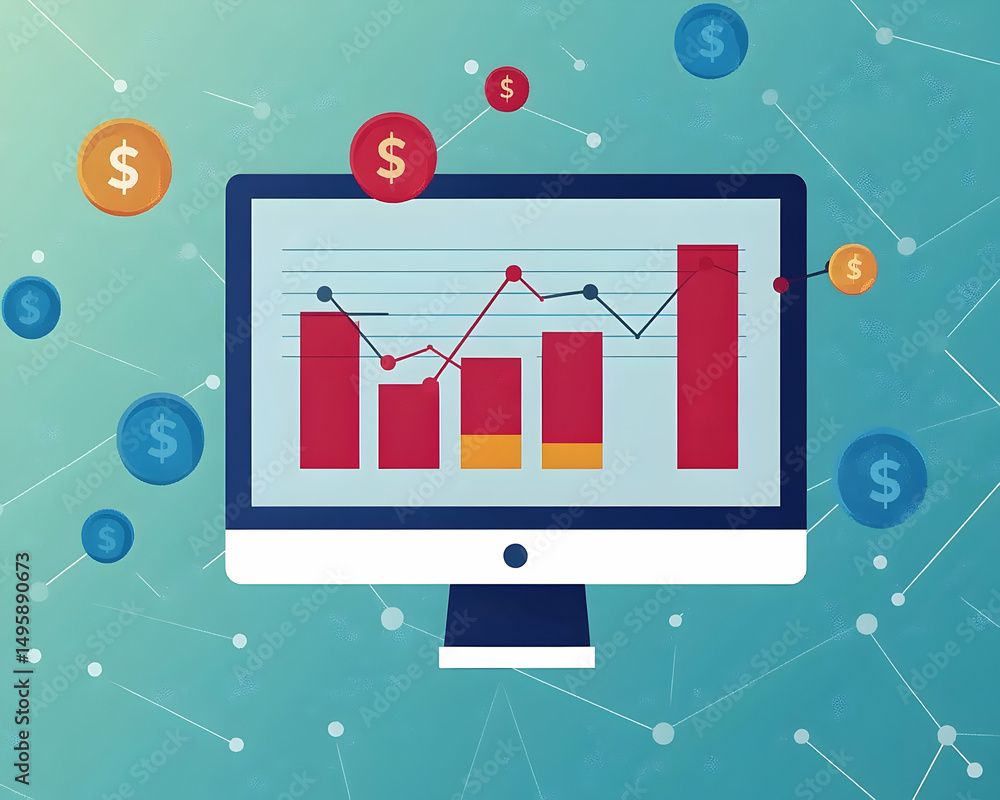 Poster graphical representation of financial data on a computer screen.