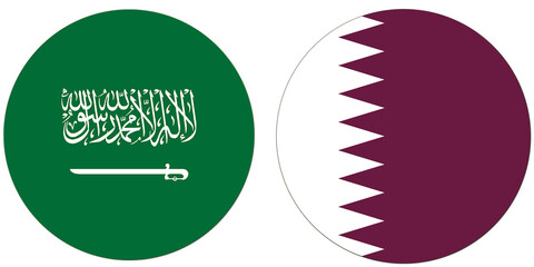 Saudi Arabia Official flag with Qatar national flag, both countries flags are in Round shape and isolated on white background, Circular colorful design Flag with together.