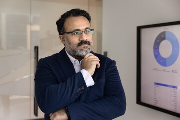 Thoughtful middle-aged Indian businessman dressed in suit standing in modern office next to screen displaying charts, focused on analytics, strategy planning and decision-making. Business intelligence