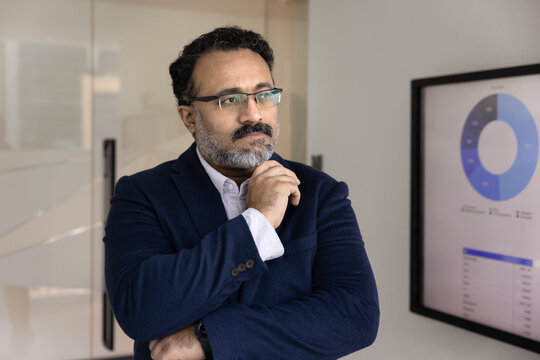 Thoughtful middle-aged Indian businessman dressed in suit standing in modern office next to screen displaying charts, focused on analytics, strategy planning and decision-making. Business intelligence