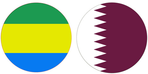 Gabon Official flag with Qatar national flag, both countries flags are in Round shape and isolated on white background, Circular colorful design Flag with together.