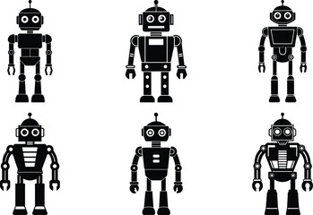 Six retro robots in black silhouettes on a white background