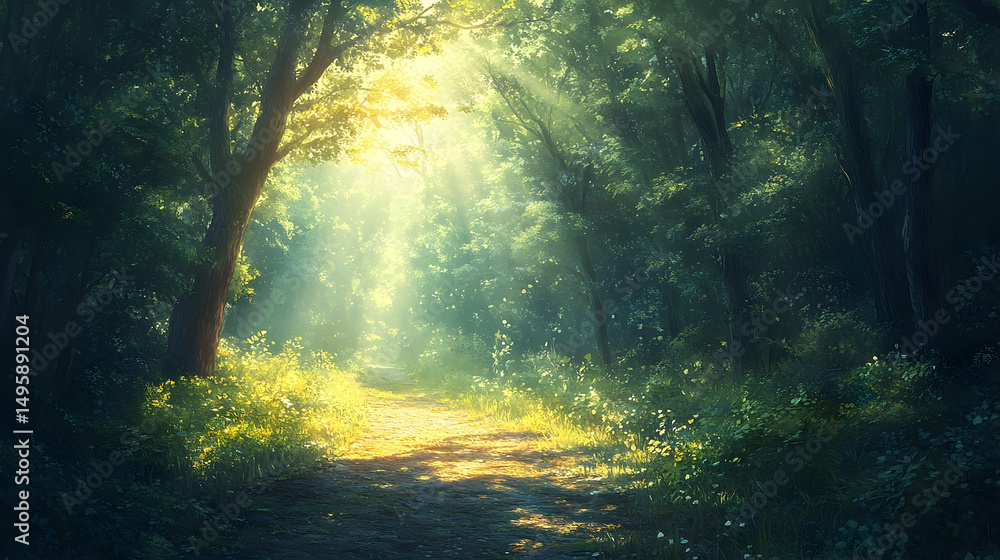 Poster sunlit path through a dense forest.